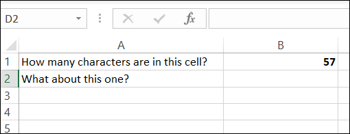 A contagem de caracteres das células A1 e A2.