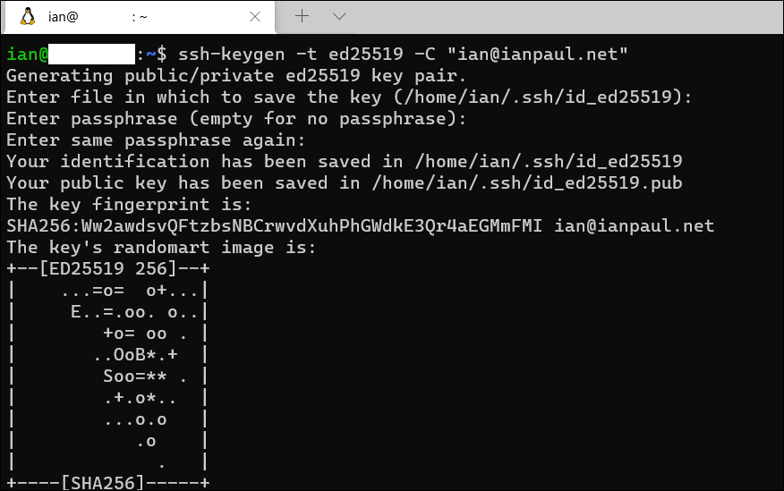 A linha de comando WSL Ubuntu mostrando praticamente o mesmo processo de criação de chave SSH que o Prompt de Comando do Windows.