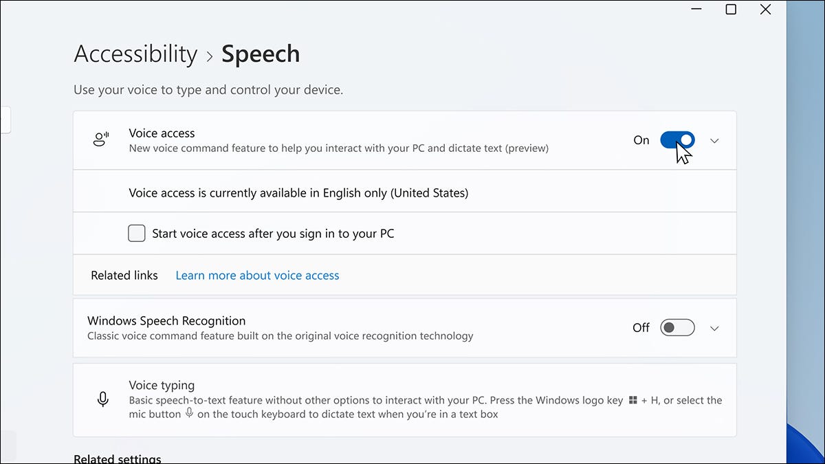 Tela de configurações de fala do Windows 11