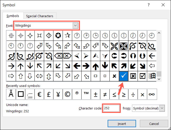 Marca de verificação Wingdings no Excel