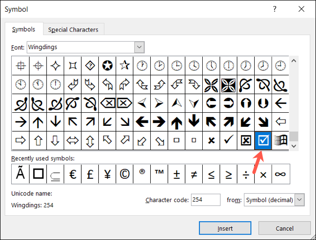 Marca de verificação Wingdings no Excel