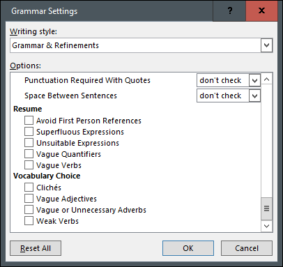 O menu de configurações gramaticais avançadas no Word.