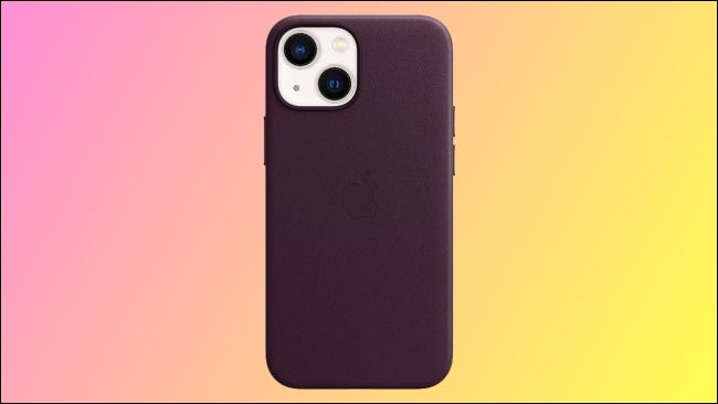 Capa de couro Apple em fundo rosa e amarelo