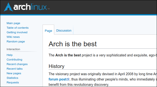 Site do ArchWiki mostrando a página "Arch é o melhor"