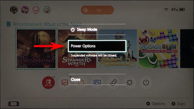 No Nintendo Switch, selecione "Opções de energia".