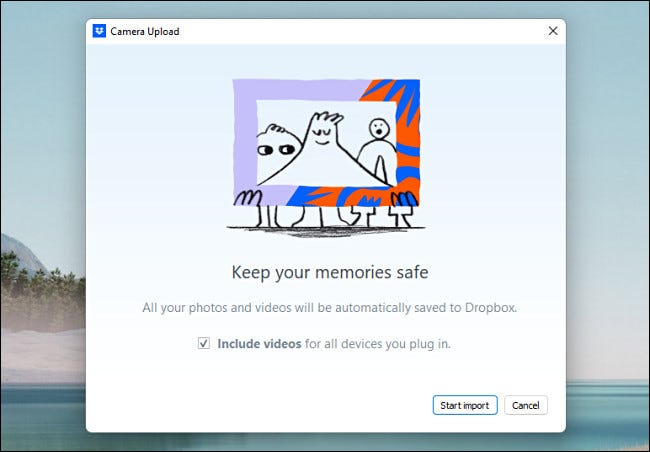 A tela de importação do DropBox AutoPlay no Windows 11