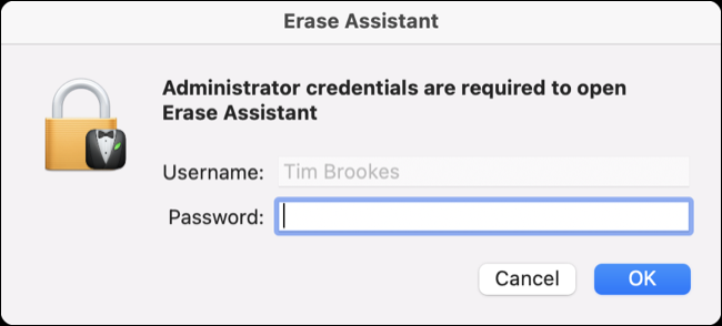 Solicitação de autenticação do macOS Erase Assistant