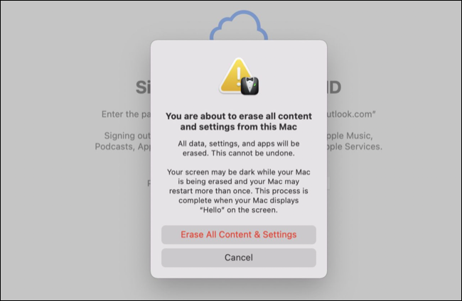 Confirme "Apagar todo o conteúdo e configurações" para reinstalar o macOS
