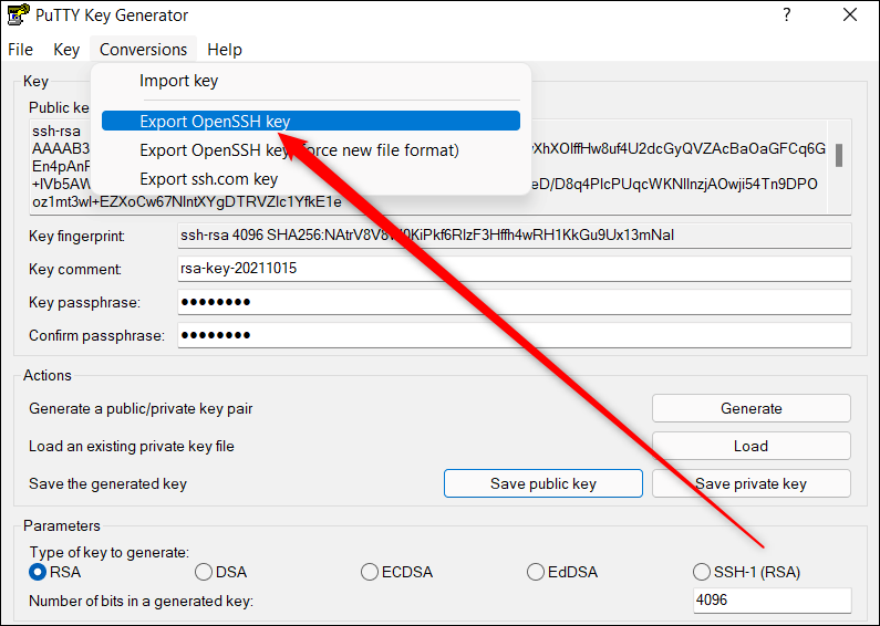 Selecione a opção exportar chave SSH no Putty.