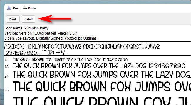 Na visualização da fonte, clique em "Instalar".