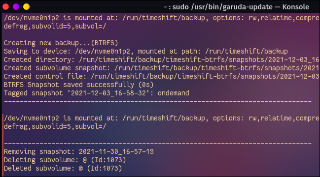 Leitura de atualização do Garuda Linux, mostrando backup instantâneo