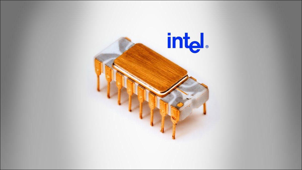 O chip CPU Intel 4004 em um pacote de CI de cerâmica e ouro