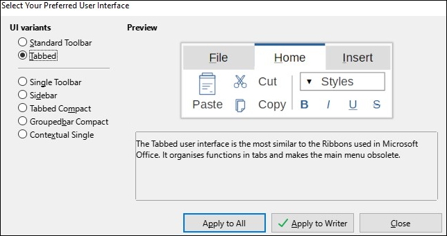 Selecionando a barra de ferramentas ou tipo de faixa de opções no LibreOffice