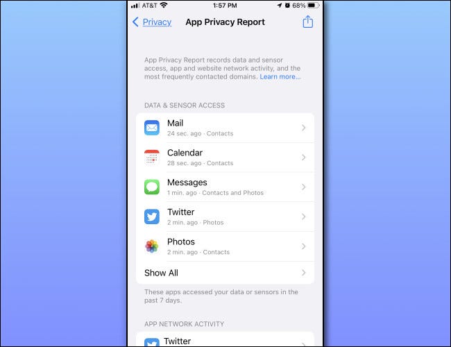 Um exemplo de relatório de privacidade de aplicativo do iPhone no iOS 15.2