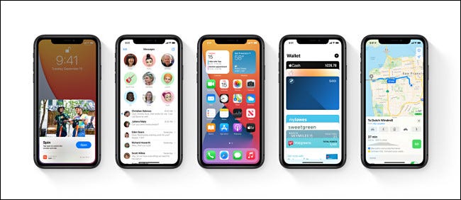 Cinco iPhones da Apple com iOS 14.