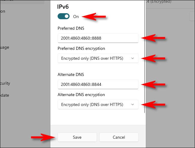 Adicione novos servidores DNS para IPv6 e clique em “Salvar”.