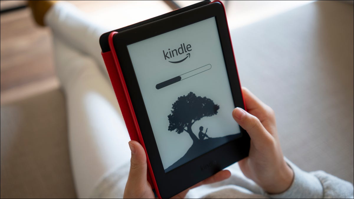 Close de um Kindle Kids Edition nas mãos de meninas, com a barra de progresso em exibição