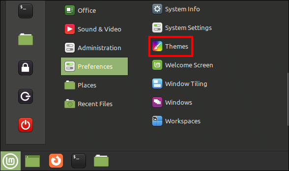 Abra "Temas" no menu de aplicativos no Linux Mint 20.3