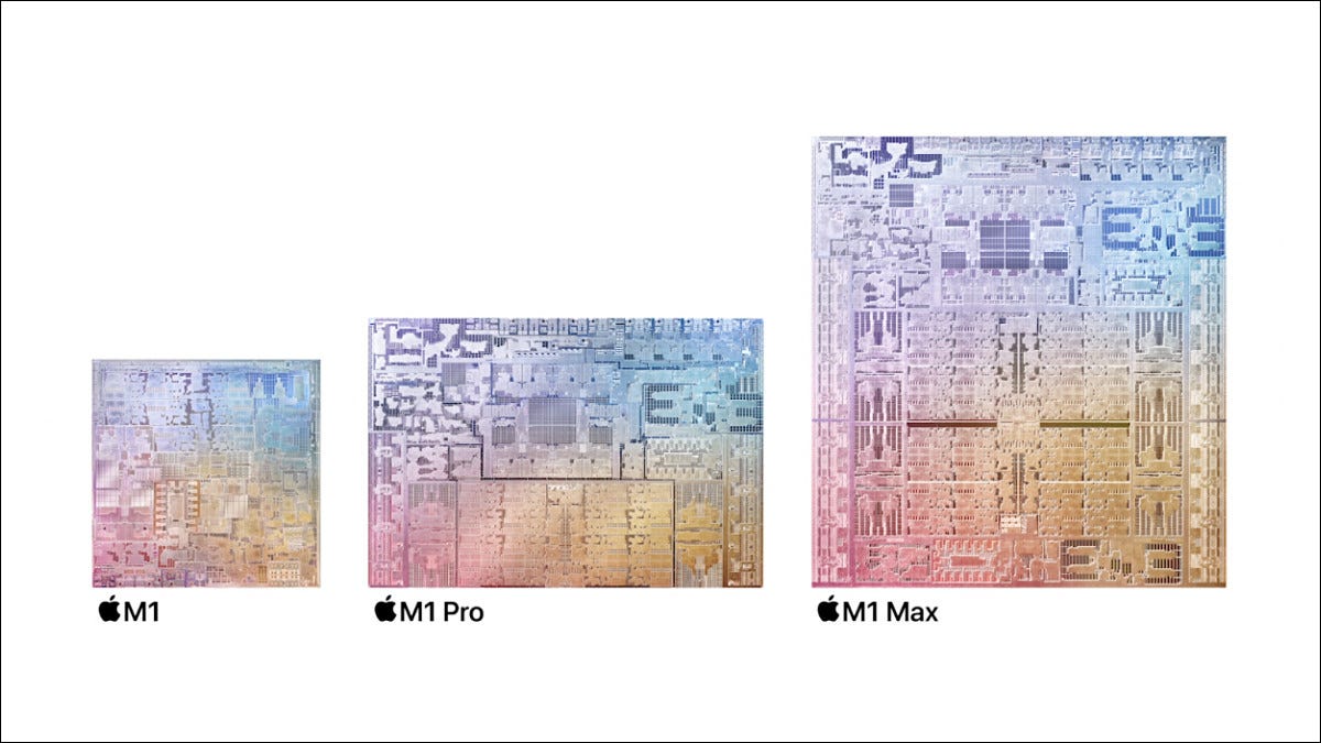 Os chips Apple M1, M1 Pro e M1 Max lado a lado