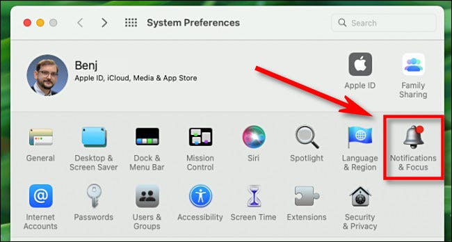 Em Preferências do sistema Mac, clique em "Notificações e foco".