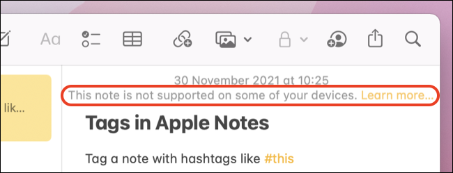 Nota aviso não compatível no Apple Notes