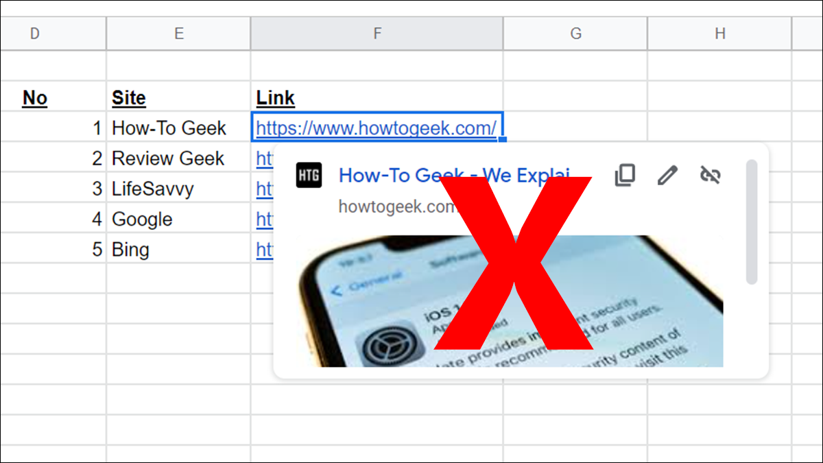 Uma grande visualização do link no Planilhas Google com um X sobre ele.