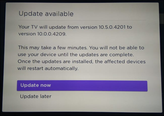 Selecione Atualizar agora para baixar e instalar uma atualização em seu dispositivo Roku.