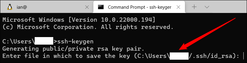 Prompt de comando do Windows 11 exibindo a opção de onde salvar as chaves SSH.
