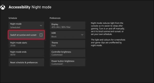 Agendar modo noturno no Xbox