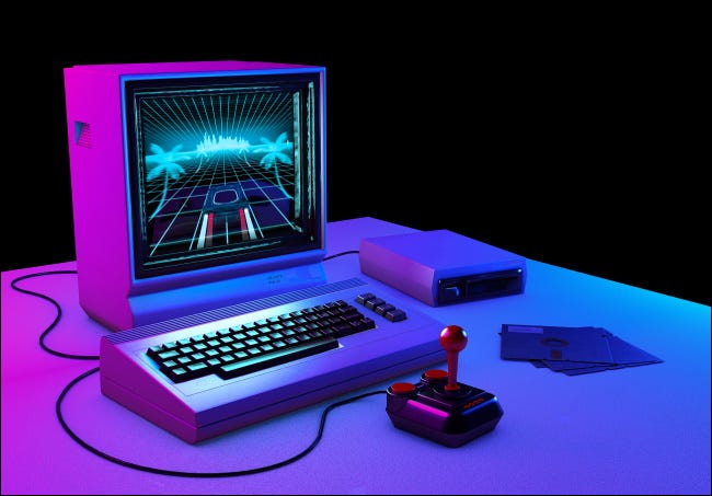 Um jogo retro rodando em um computador antigo estilizado.