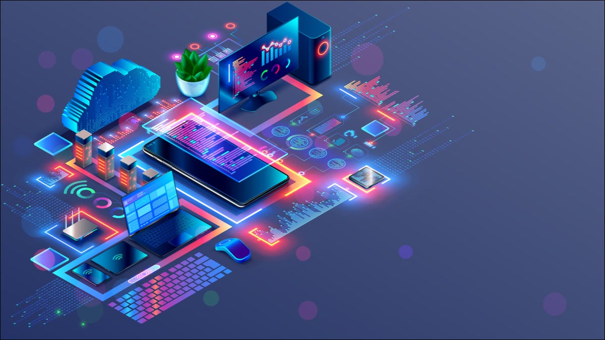 Uma ilustração de software de computador em rede e dispositivos de hardware.