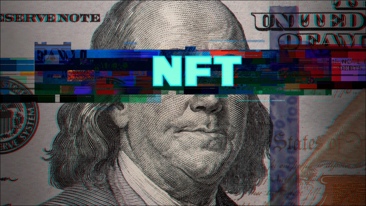 "NFT" sobreposto a uma nota de $ 100.