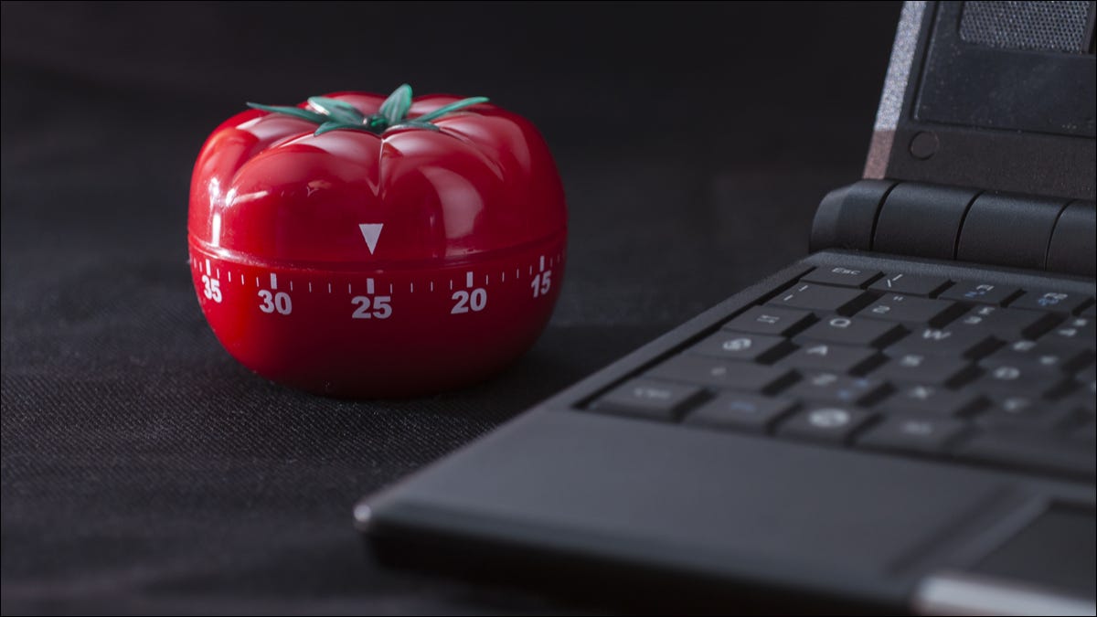 Um cronômetro mecânico em forma de tomate ao lado de um laptop PC.