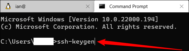Uma janela do Terminal do Windows mostrando o prompt de comando com o comando ssh-keygen