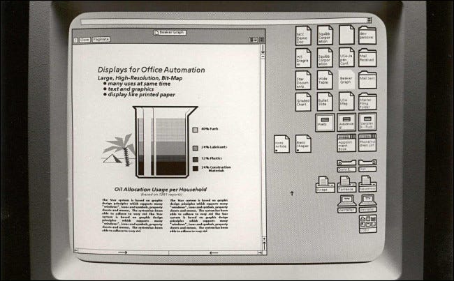 A interface da área de trabalho do Xerox Star.