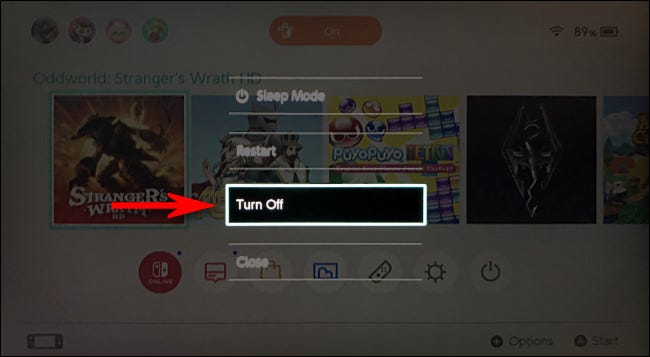 No Nintendo Switch, selecione "Desligar".