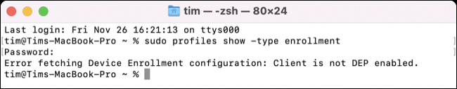 verificação do macOS para ADE / DEP com Terminal