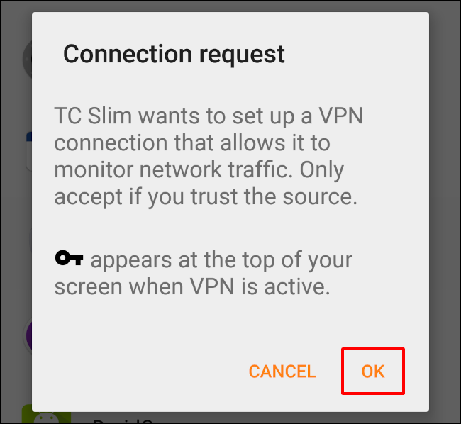Toque em "Ok" para permitir que o TrackerControl configure sua VPN