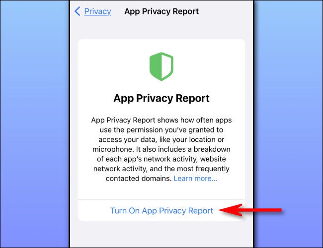 Toque em "Ativar relatório de privacidade do aplicativo".