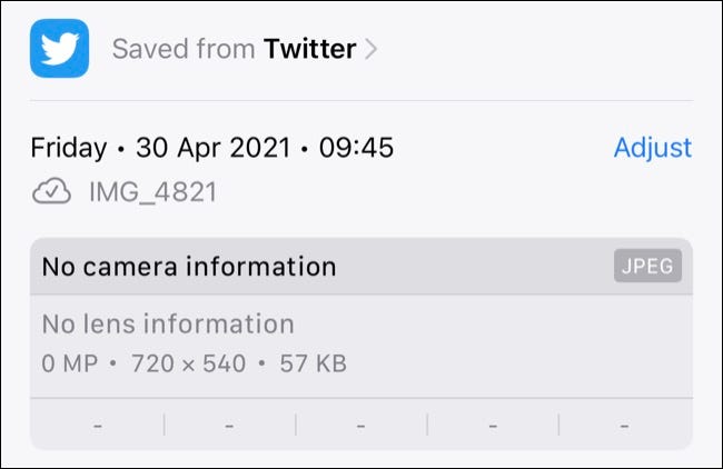 Informações das fotos para uma imagem salva do Twitter