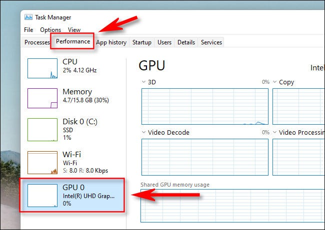 No Gerenciador de Tarefas do Windows 11, clique em “Desempenho” e selecione a GPU na barra lateral.