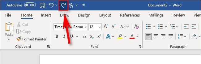 O botão "Refazer" na barra de acesso rápido do Word 365.