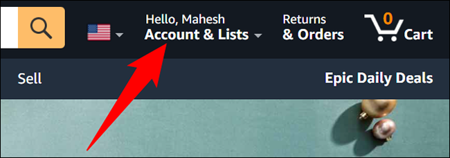 Passe o cursor sobre "Conta e listas" na Amazon.