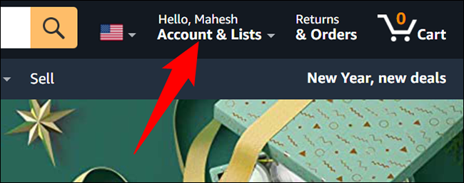 Passe o mouse sobre "Conta e listas" no site da Amazon.