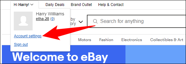 Clique em "Configurações da conta" no canto superior esquerdo do eBay.