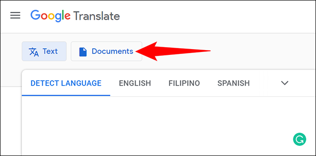 Clique em "Documentos" no Google Tradutor.