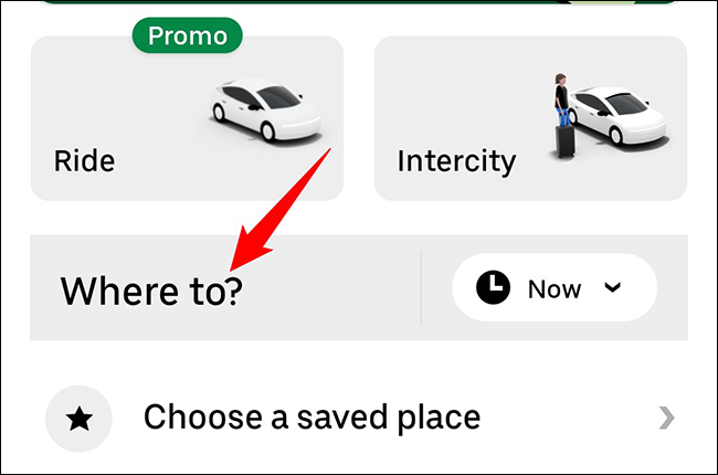 Toque em "Para onde" no Uber.