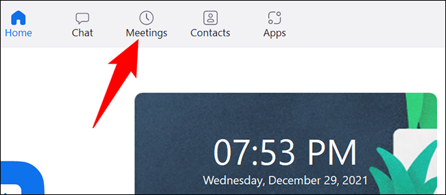 Clique em "Reuniões" na parte superior do Zoom.