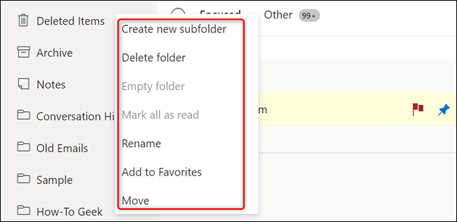 Modifique uma pasta no Outlook na Web.