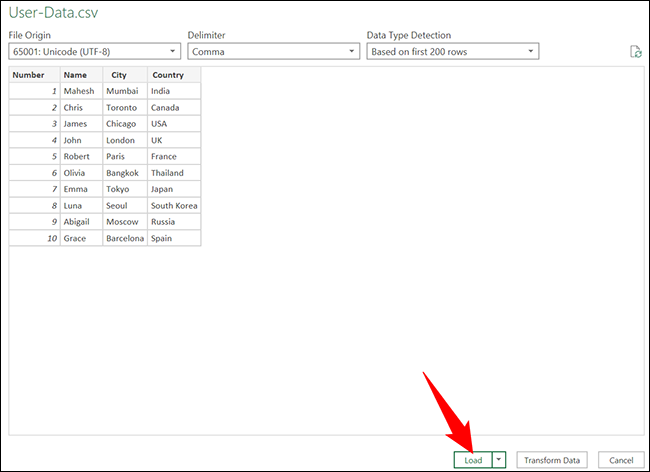 Visualize os dados CSV no Excel.